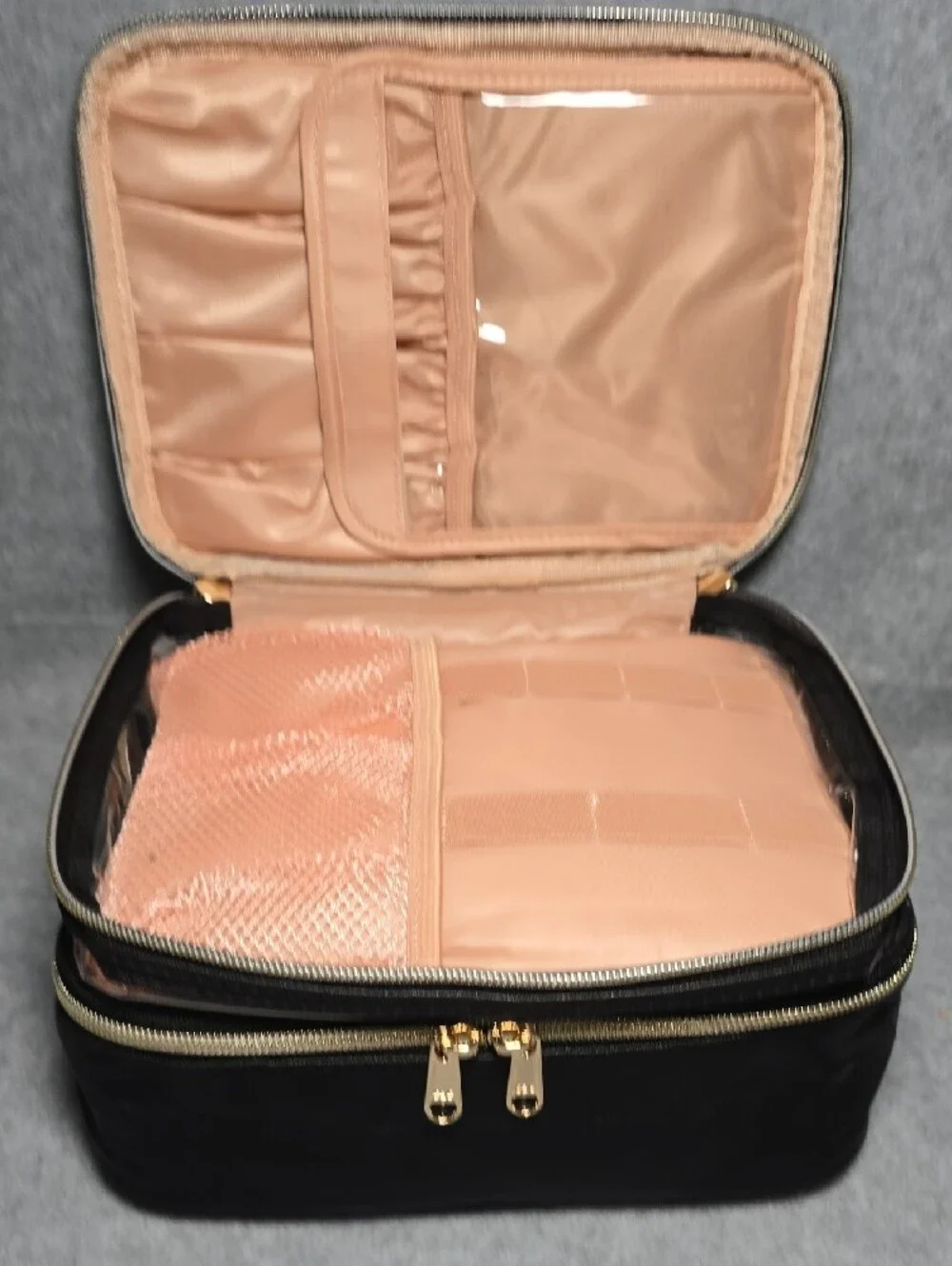 Black and Clear Travel Cosmetic Bag Set with Gold Zippers